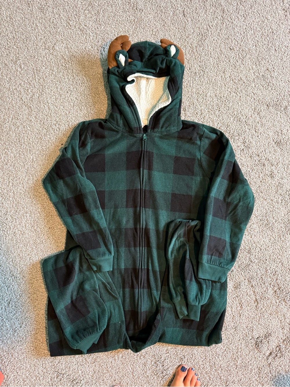 Kids Green & Black Buffalo Plaid Hooded Fleece Onsie with Antler Ears